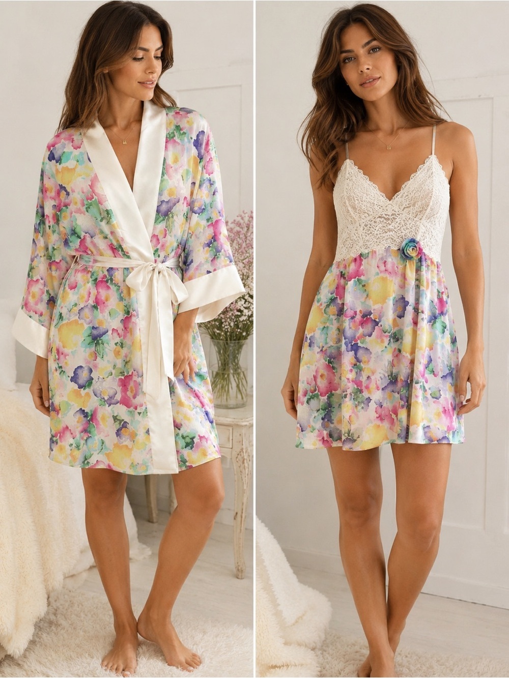 Vintage Victoria’s Secret Floral Robe & Lace Nightgown Set L One Size